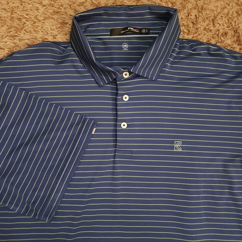 RLX Ralph Lauren Green Stiped Blue Golf Polo Mens XL Short Sleeve Shirt